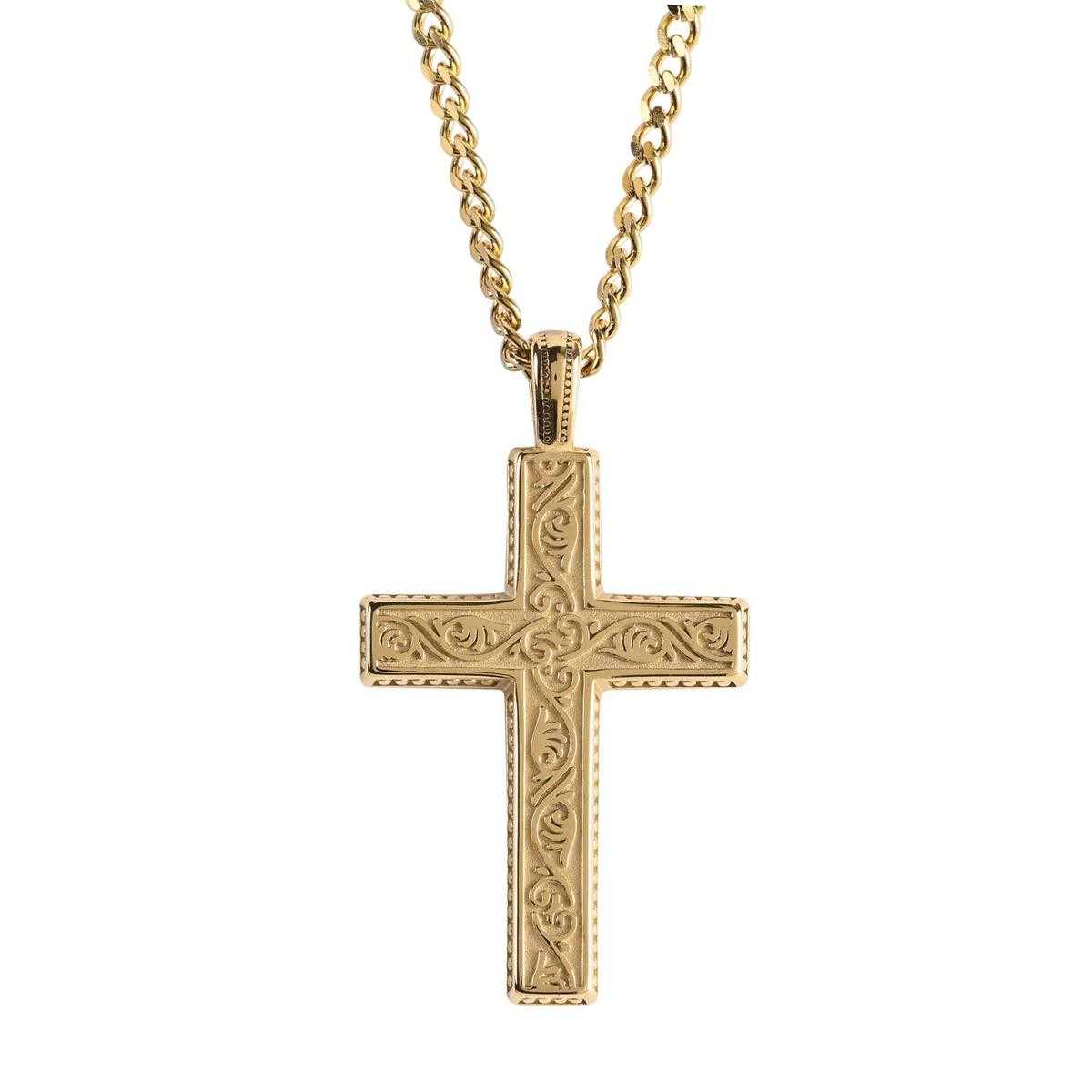 1.75 Inch Scroll Engraved Cross Charm - 24 Inch Gold Plated Stainless Steel