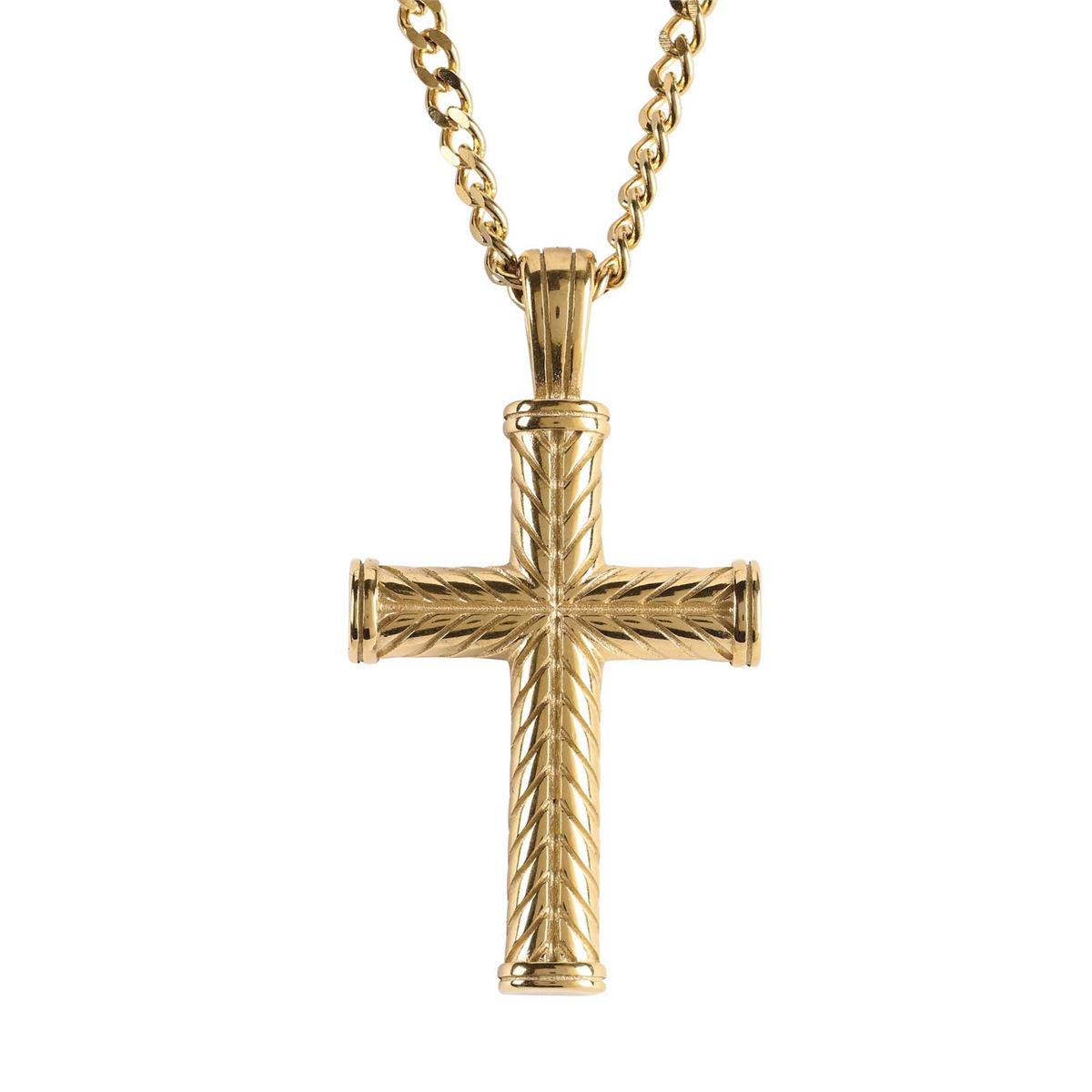 1.75 Inch Herringbone Cross Charm - 24 Inch Gold Plated Stainless Steel Curb