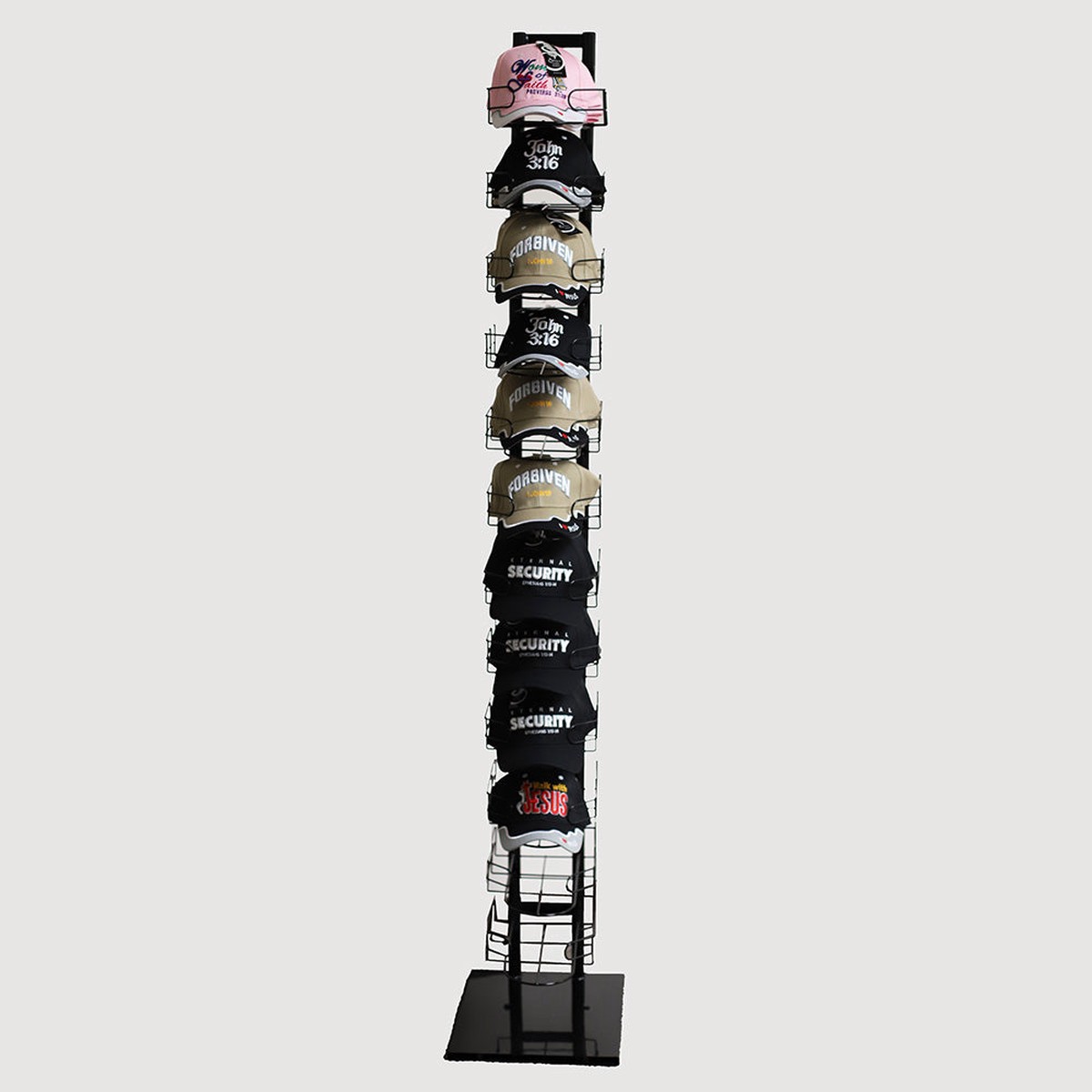 12-Tier Black Metal Cap Tower Display