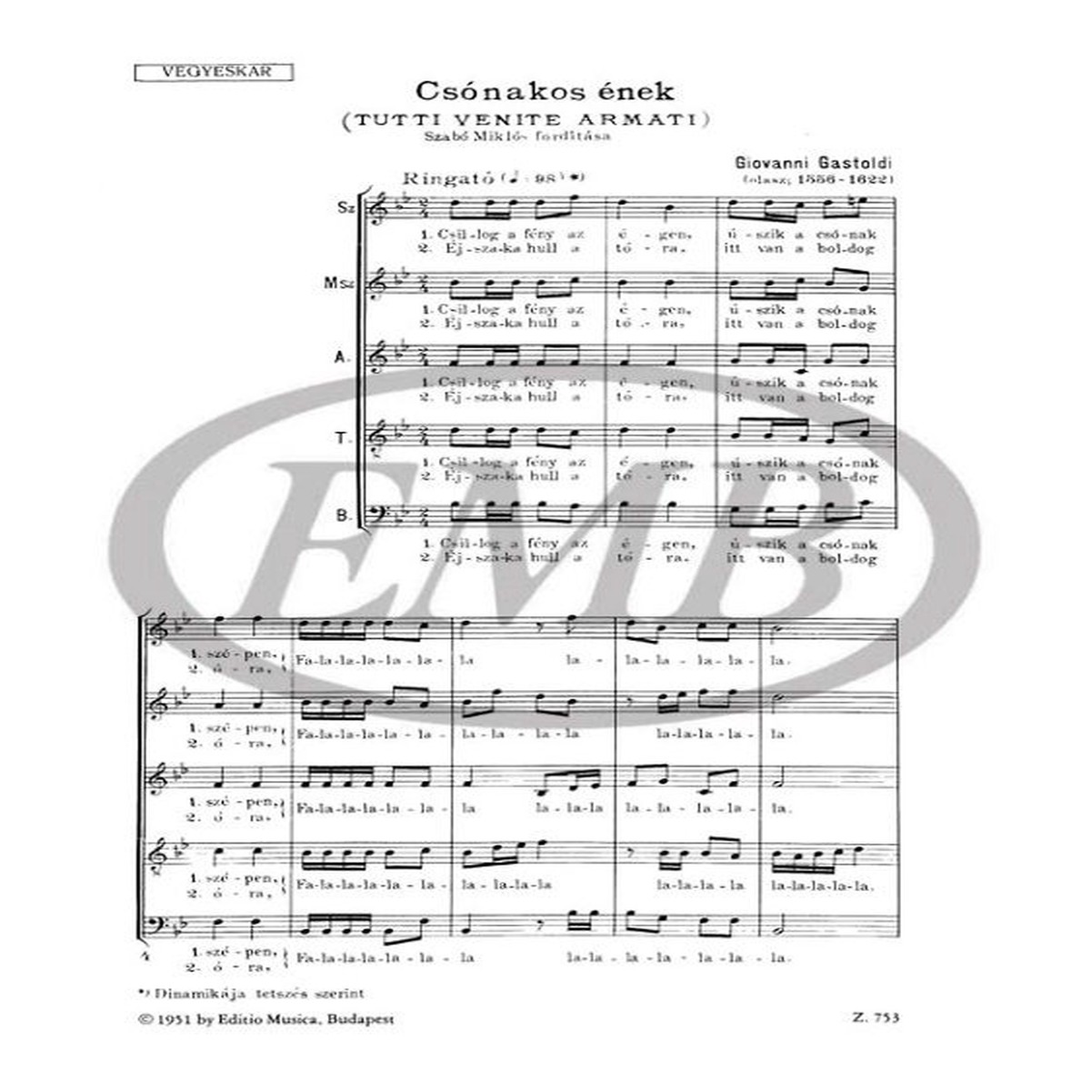 Giovanni Giacomo Gastoldi: Tutti venite armati 5-Part Mixed Choir (1951 Hungarian Edition)