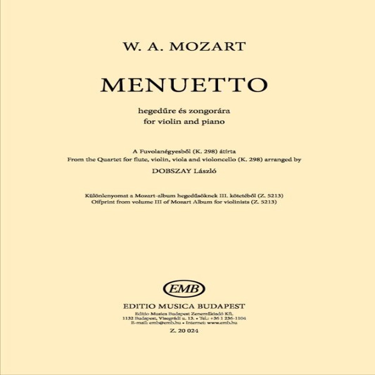 Mozart's Menuetto for Violin and Piano Sheet Music