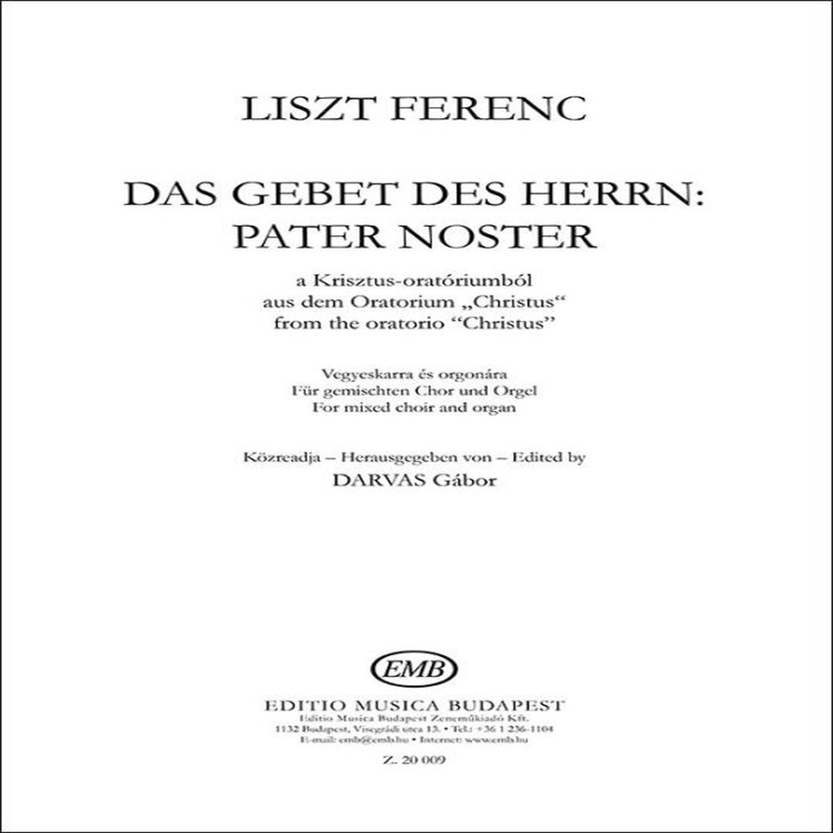 Liszt Ferenc: Das Gebet des Herrn: Pater Noster | Music Score